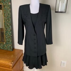 Vintage Leslie Fay 2-Piece Dress Jacket Suit Black Petite 6P Embroidered